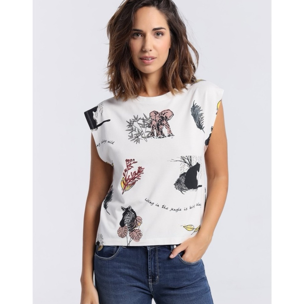 Lois Jeans Sleeveless Top Crewneck Wildlife Safari Animal Print Jungle